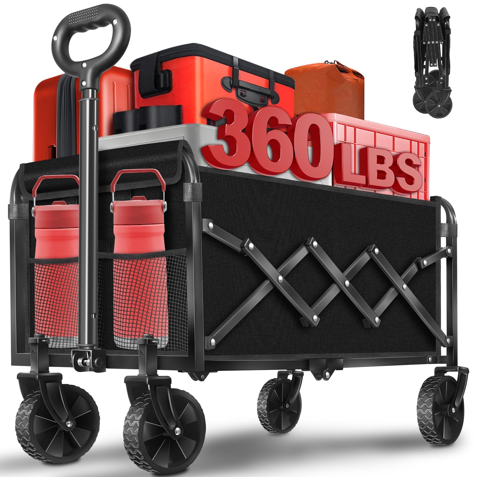 Photo 1 of ***MISSING WHEELS ****/Wagons Carts Foldable, 360 Lbs with Adjustable Handle, Black Lightweight Portable, Collapsible Wagon for Camping, Shopping, Sports, Travel, Garage and Gardening Storage with Drink Holders