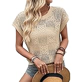 Dokotoo Womens Summer Crochet Tops Cap Sleeve Hollow Out Resort Wear Sweaters Lightweight Beach Vacation Clothes