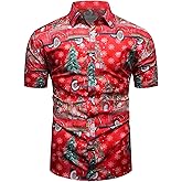 fohemr Men Ugly Christmas Button Down Shirt Funny Santa Claus Holiday Hawaiian Short Sleeve Dress Shirt