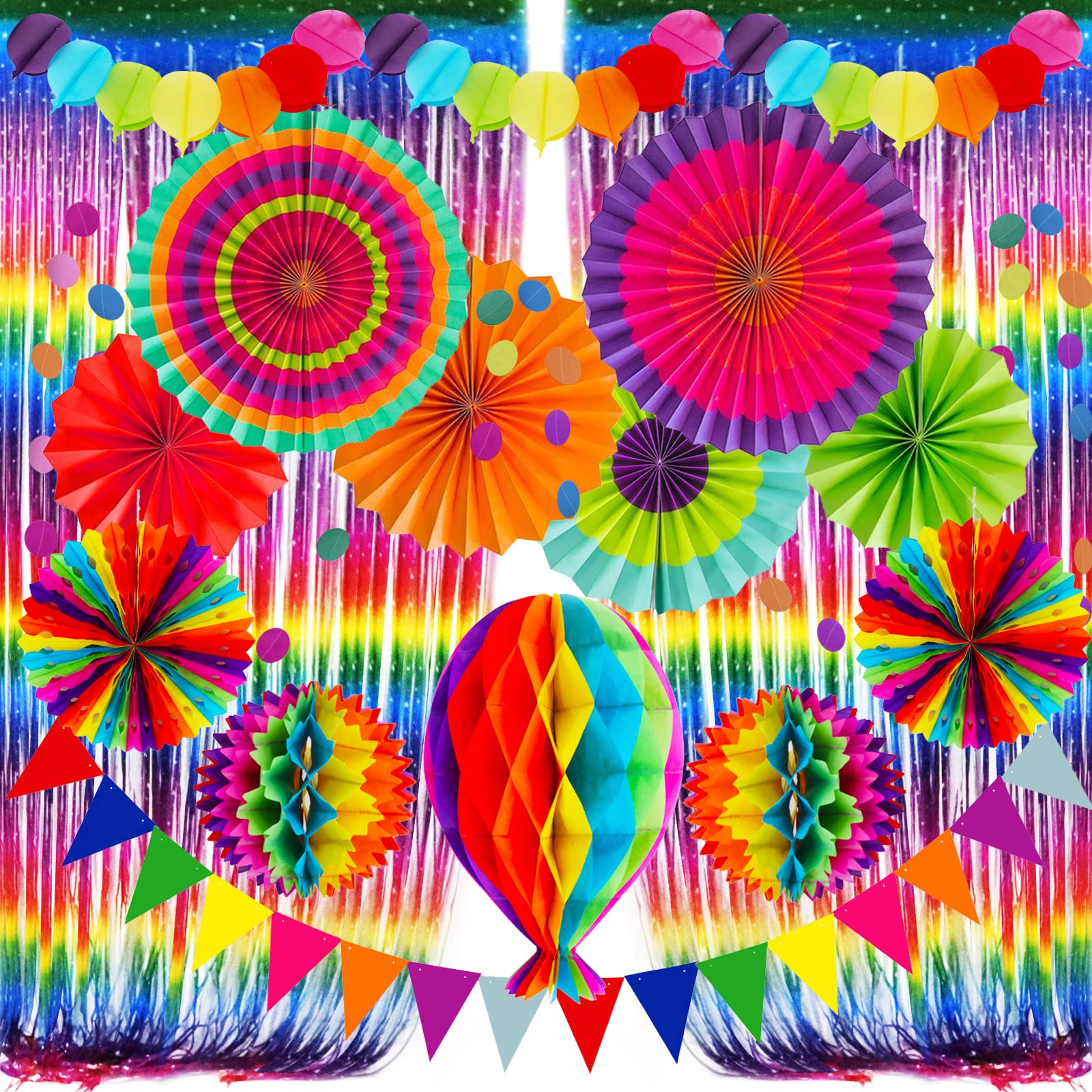 Recosis Party Decorations, Colourful Rainbow Foil Fringe Curtain Fiesta Hanging Paper Fans Pompoms Honeycomb Paper Hot air Balloon Garlands for Mexican Cinco De Mayo Taco Birthday Party Supplies
