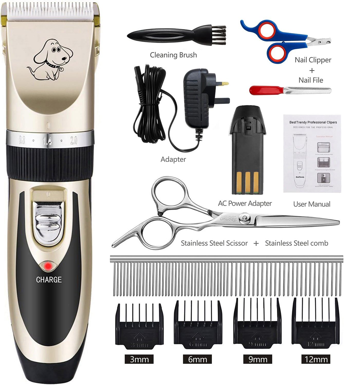 Dog Electric Grooming Clipper Kit - Pet Cat Hair Shaver Rechargeable Professional Animal Hair Trimmers Set Cordless with Combs Nail Scissors Low Noise(Black & Gold)