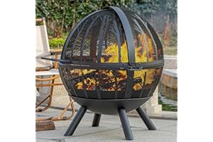 Panovue 35 Inch Wood Burning Fire Pit with BBQ Grill, Heavy Duty Fire Pits Ball for Outside with Spark Screen & Removable Ash Pan, Outdoor firepit & Fireplace for Bonfire in Garden, Yard