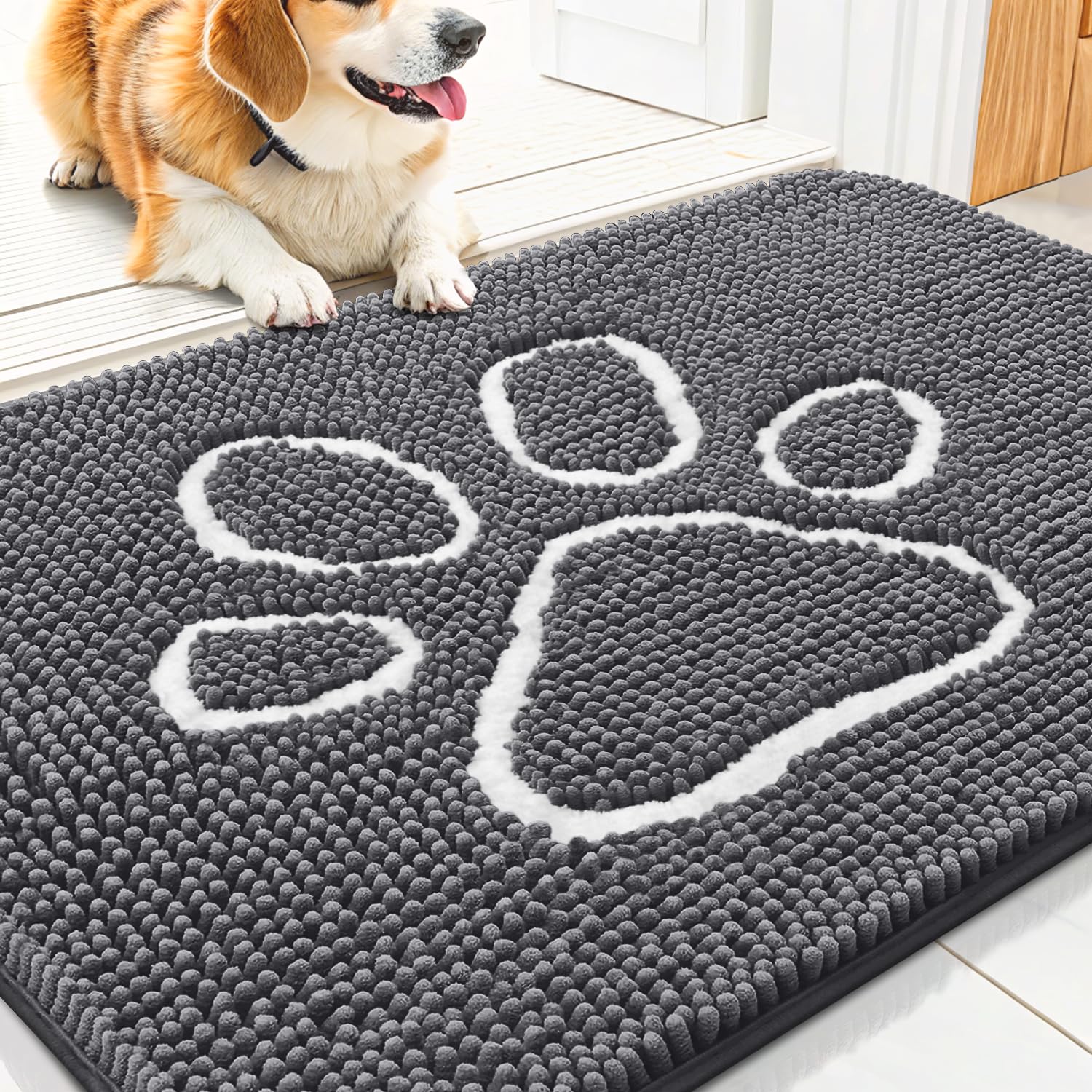 Photo 1 of Smiry Dog Door Mat for Muddy Paws, Absorbent Dirt Trapper Non Slip Quick Dry Washable Chenille Mat for Mud Dogs, Entry Rug for Indoor and Outdoor (30x20 Inches, Dark Grey and White)