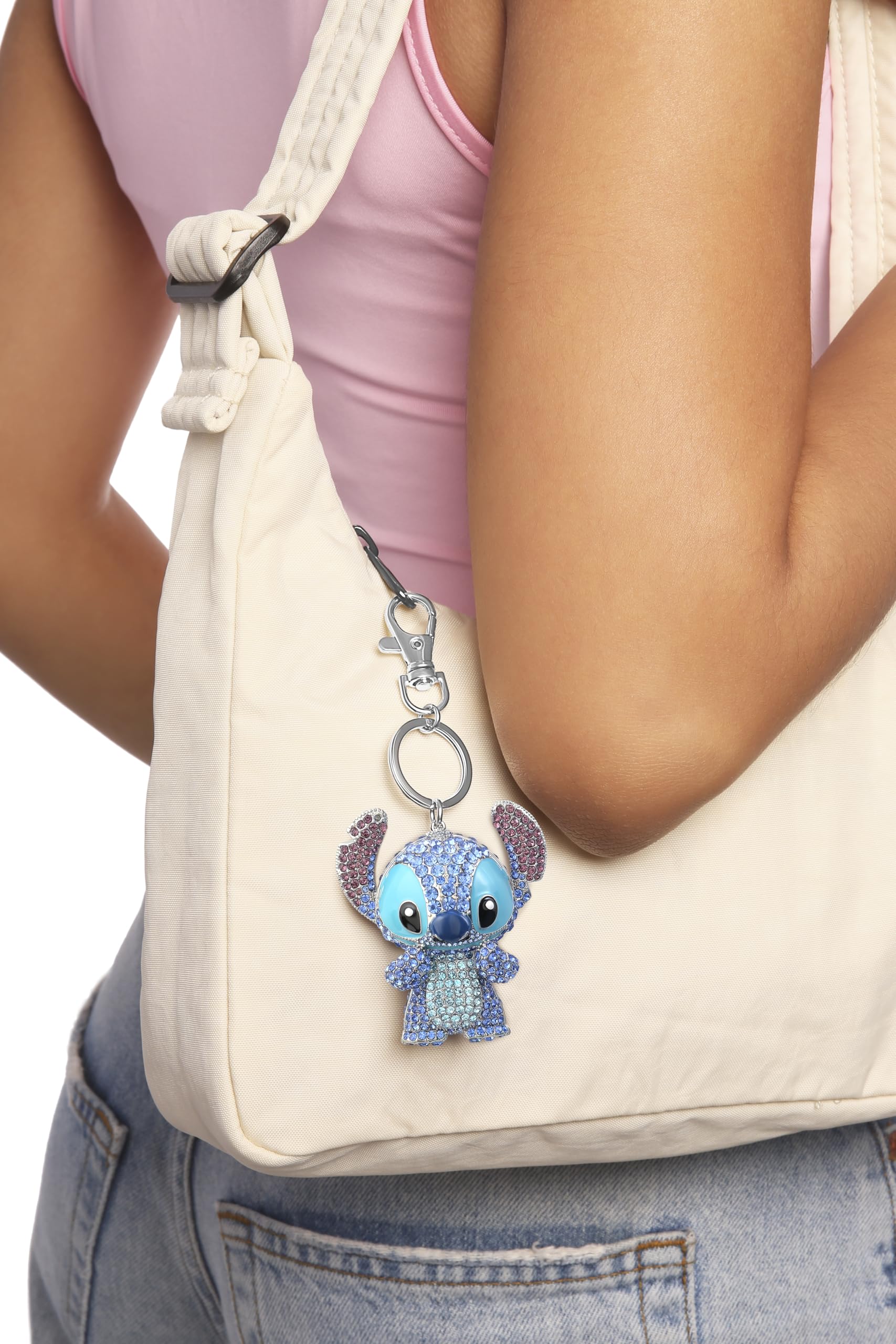 SALLY ROSE Stitch Keychain Official License, Multicolored Pave Crystal Stitch Bag Charm Key Chain, Valentines Day Gifts for Her