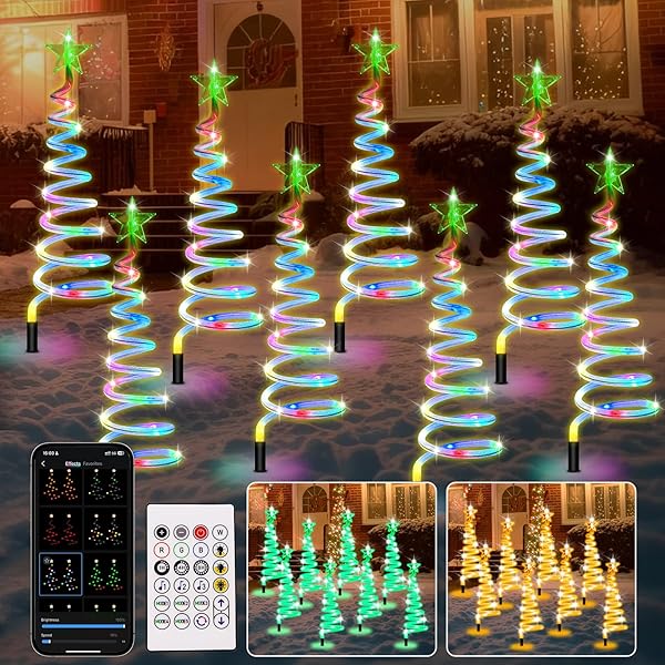 24” CHRISTMAS PATHWAY LIGHTS OUTDOOR, 8 PACK MULTICOLOR 152 LEDS SMART SPIRAL XMAS TREE LIGHT WITH APP&REMOTE, DIY, TIMER, WATERPROOF LED CHRISTMAS OUTDOOR DECORATIONS FOR YARD PATIO WALKWAY (2FT*8)