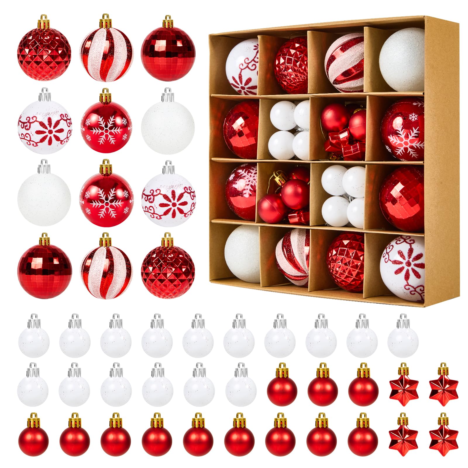 Fuyuleyo 44Pcs Christmas Baubles, Red and White Christmas Tree Decorations Set, Shatterproof Xmas Balls Ornaments Tree Baubles for Hanging Xmas Decorations Festive Holiday Home Decor