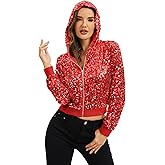 Anna-Kaci Women's Sparkly Cropped Sequin Jacket Hooded Long Sleeve Zip Up Glitter Bomber Jacket Party Club