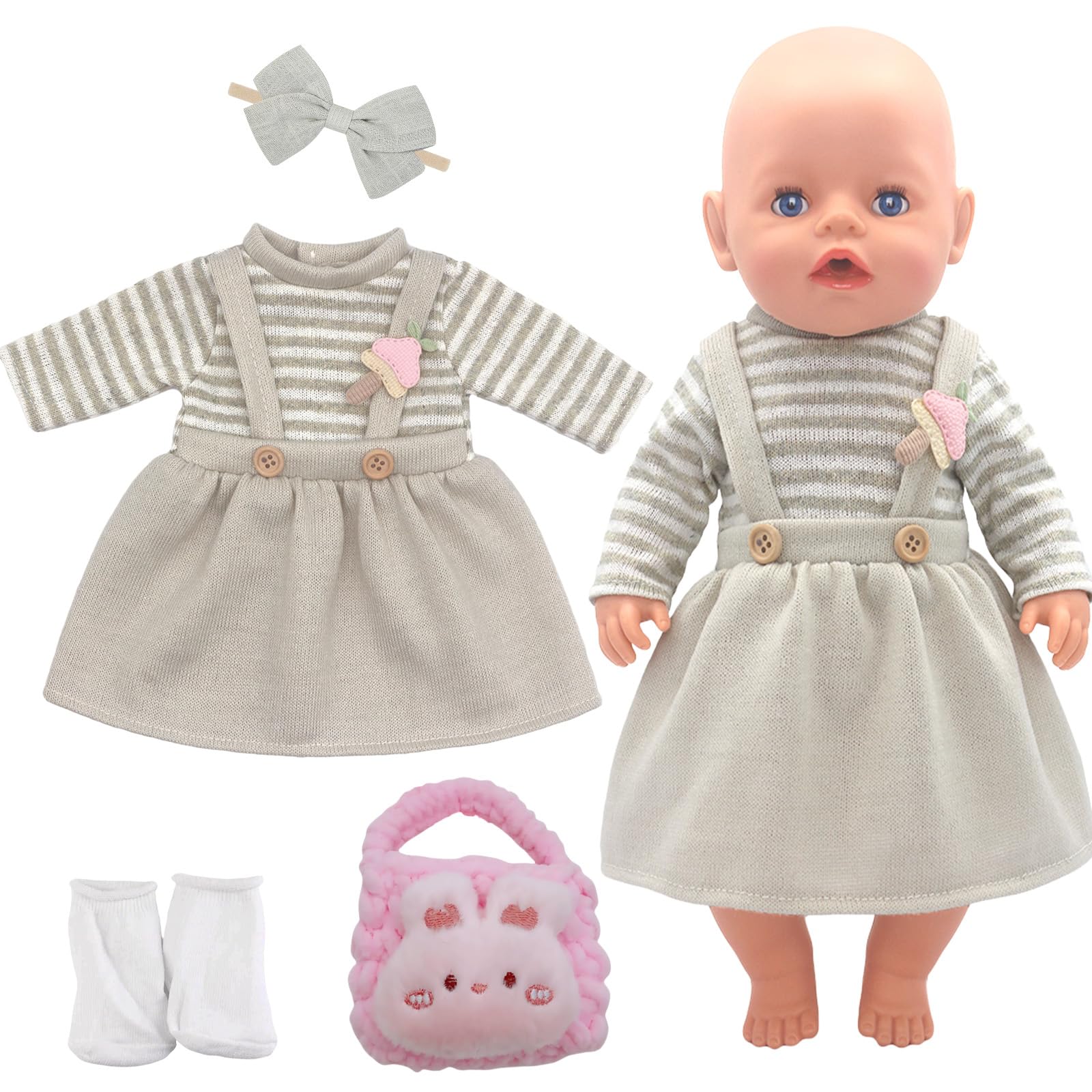 Xerteam Doll Clothes 35-45 cm for Baby Dolls, Clothes Set for 14-17 inch Dolls, Sweet and Adorable Doll Clothes, Suspender Dress, Hairband, Random Pink Bunny Bag, Socks