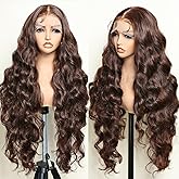 SOKU Brown 13x6 Lace Frontal Wig 32 Inch Long Lightweight Wavy Hair Pre Plucked Hairline with Baby Hair Glueless Transparent 