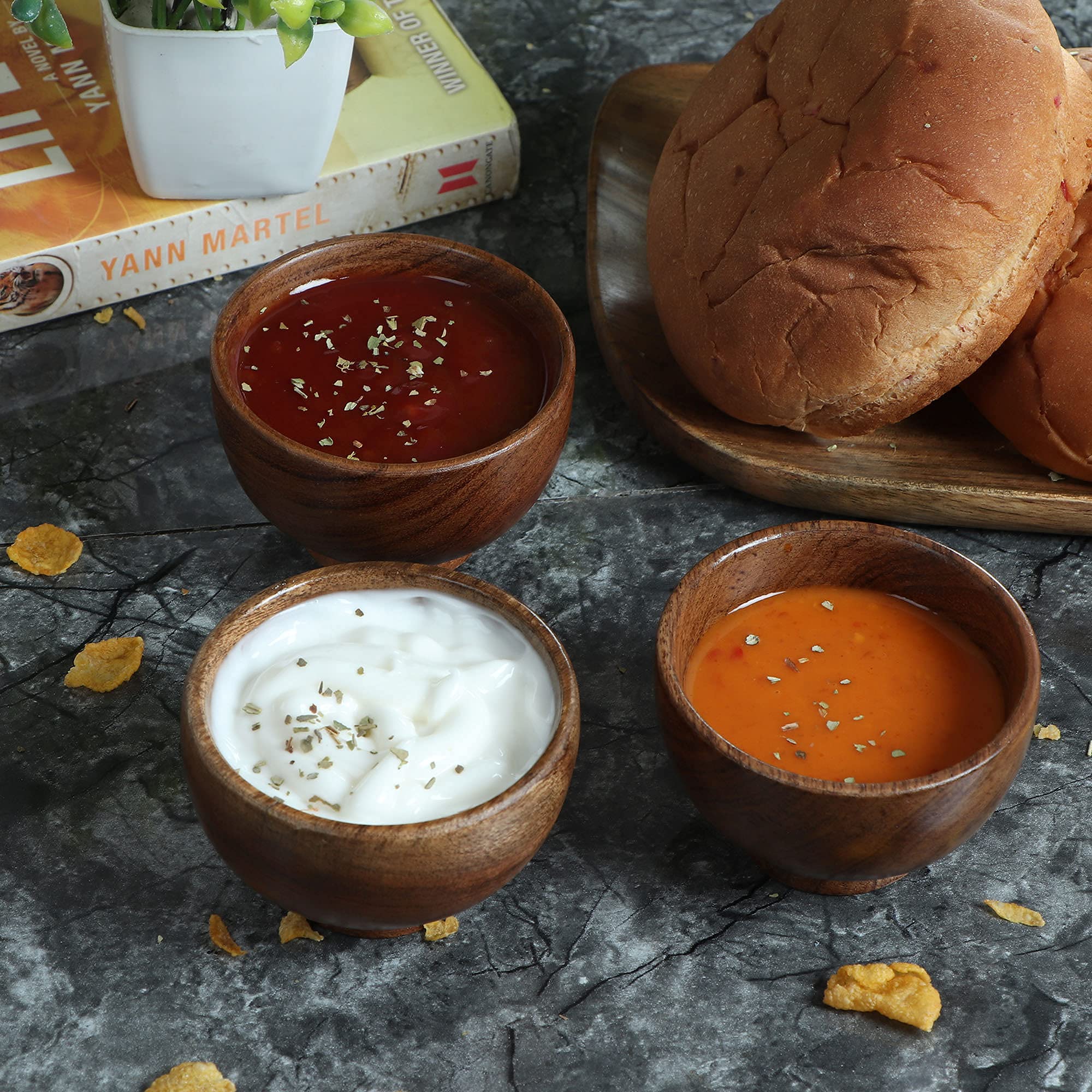 LAVAUX DESIGNS Set of 6 Acacia wood small bowls, 4 fl oz 3.25 * 2 inches | Hand carved wooden Kitchen Mini Cups for dipping sauce, salsa, Prep, salt & Condiments | Charcuterie board accessories - Image 4