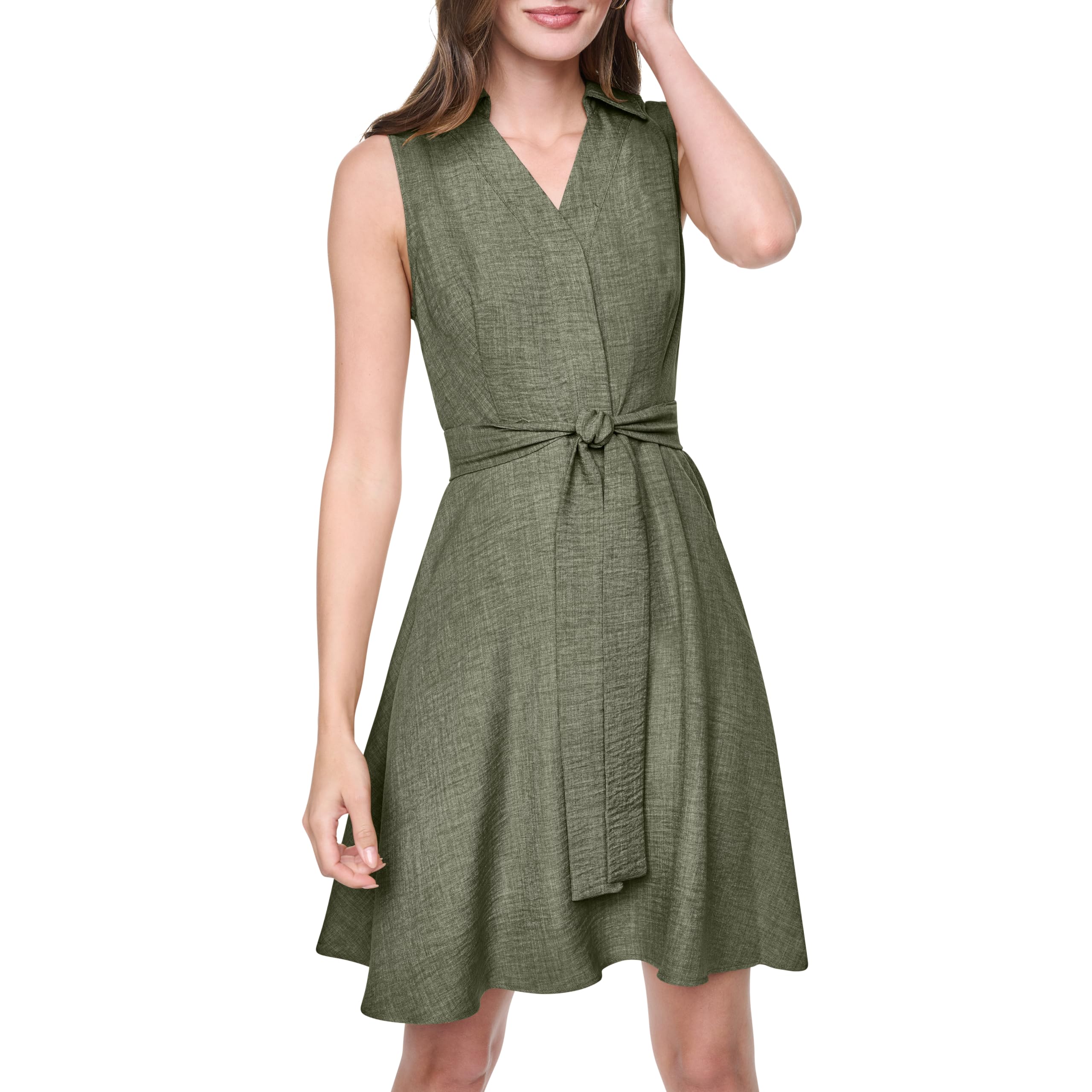 DKNY Women’s Sleeveless Collared Neck Mélange Washer Fit and Flare Dress, Basil, 6