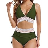 Buauty Bikini Sets for Women High Waisted Swimsuits Color Block Drawstring Two Piece V-Neck Bathing Suits 2026