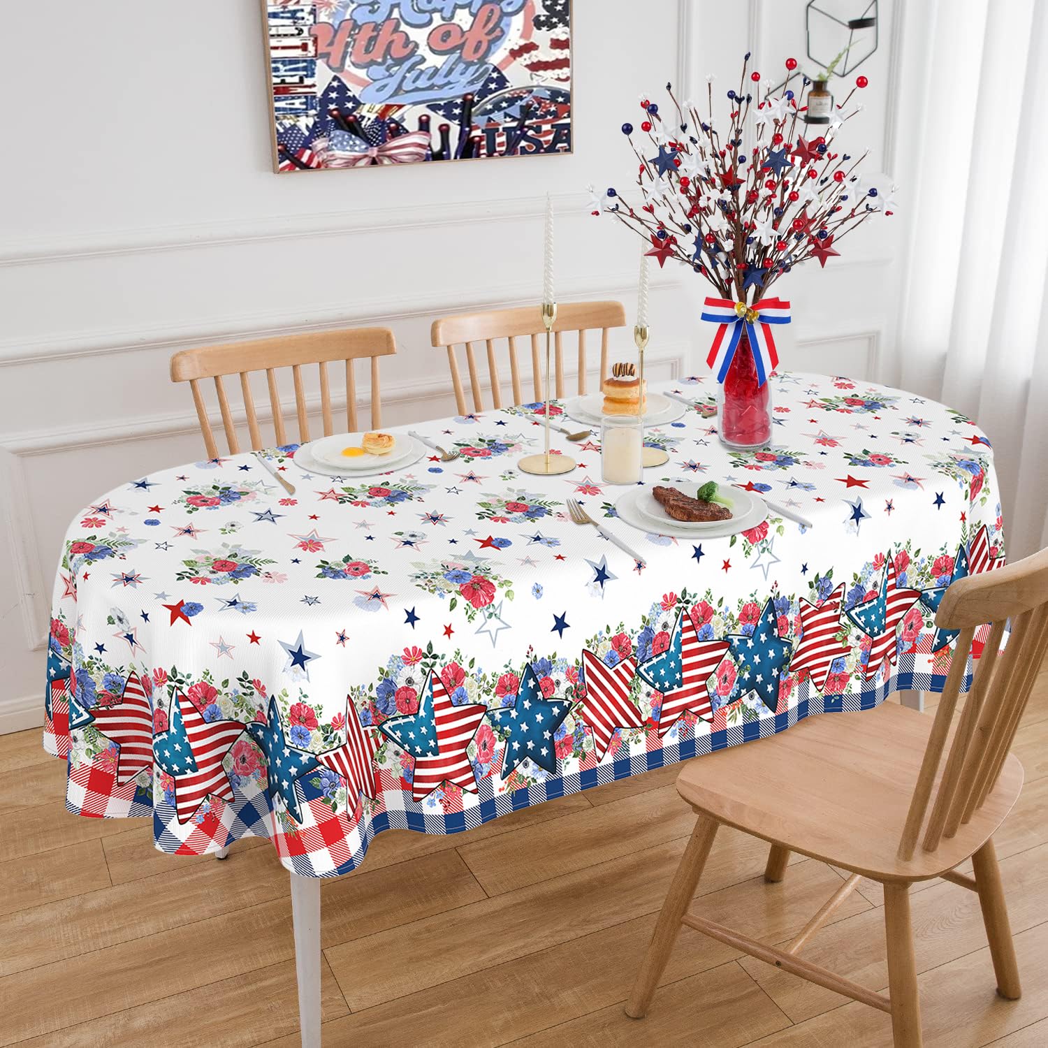 Photo 1 of 4th of July Tablecloth Oval 60x84 Inch, Patriotic Fourth of July Tablecloth Oval 4th of July Table Cloth for Party Dinner Decor