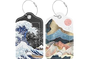 Hsxnam 2 Pack PU Leather Luggage Tags for Suitcase, Travel Cruise Luggage Tag with Privacy Flap, Name ID Label and Metal Loop for Women Men Baggage Handbag School Bag Backpack, Sea Wave Sun