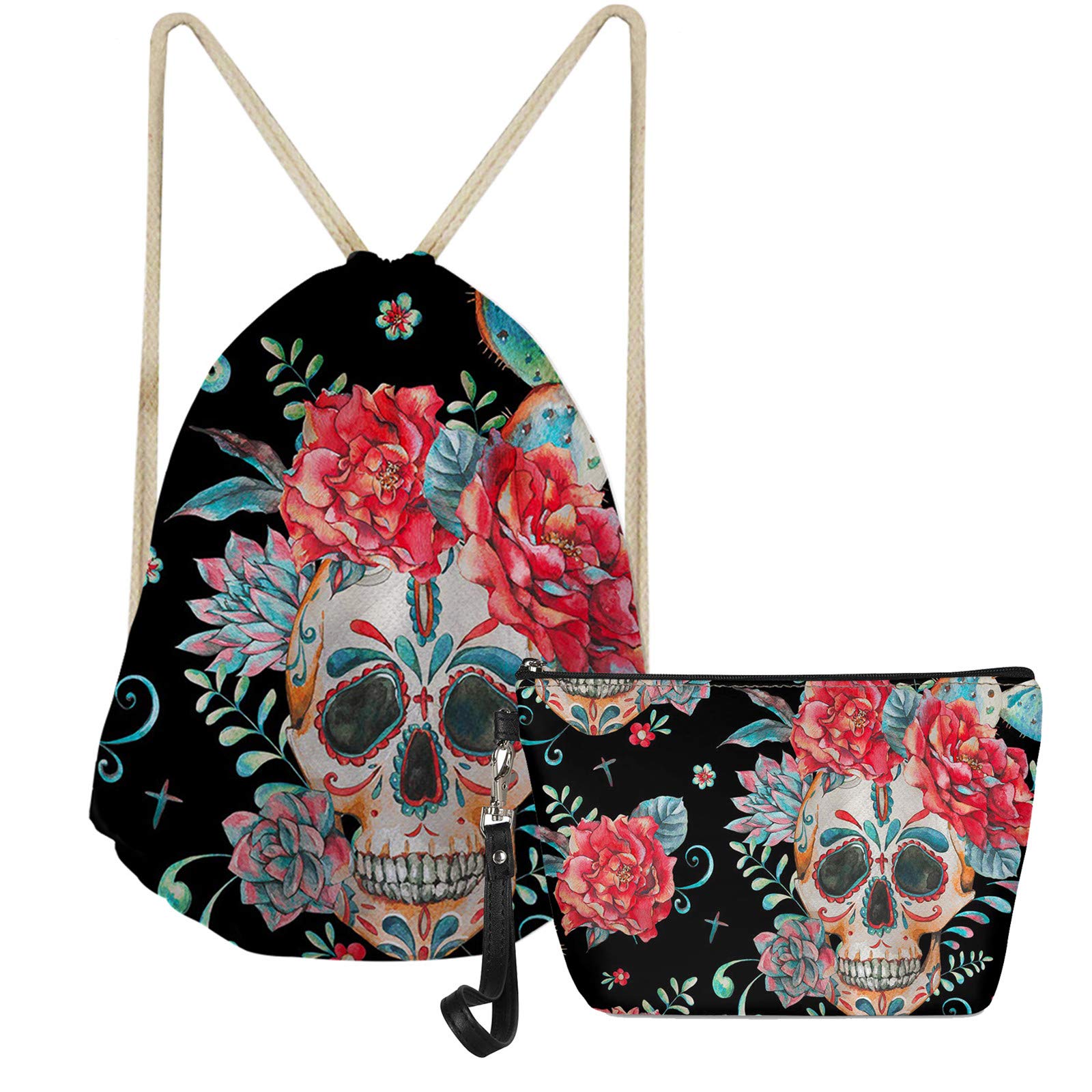 SEANATIVE Sugar Rose Skull Women Drawstring Sackpack with Pu Leather Makerup Comsmetic Bag Set
