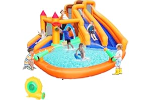 EASYJUMP Inflatable Bounce House, Triple Water Slide for Kids with Double Cannon, Climbing Wall, Jumping, Splash Pool, Basketball Hoop for Outdoor Backyard Party, 10 in 1 Giant Castle Included 550W Air Blower