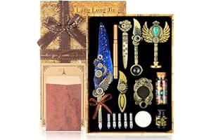 LongLongJin Quill Pen Ink Set with Seal Stamp - Feather Calligraphy Pen and Ink Set, Wax Seal Stamp Kit, Calligraphy Copybook,Beginner Calligraphy Quill Pen Lovers of All Ages Selection Gift (Blue)