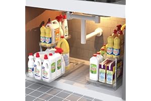 DURMMUR Under Sink Organizers with Waterproof Tray, L-Shaped Under Sink Organizer and Storage, Pull Out Under Cabinet Storage, Under Kitchen/Bathroom Sink Organizer
