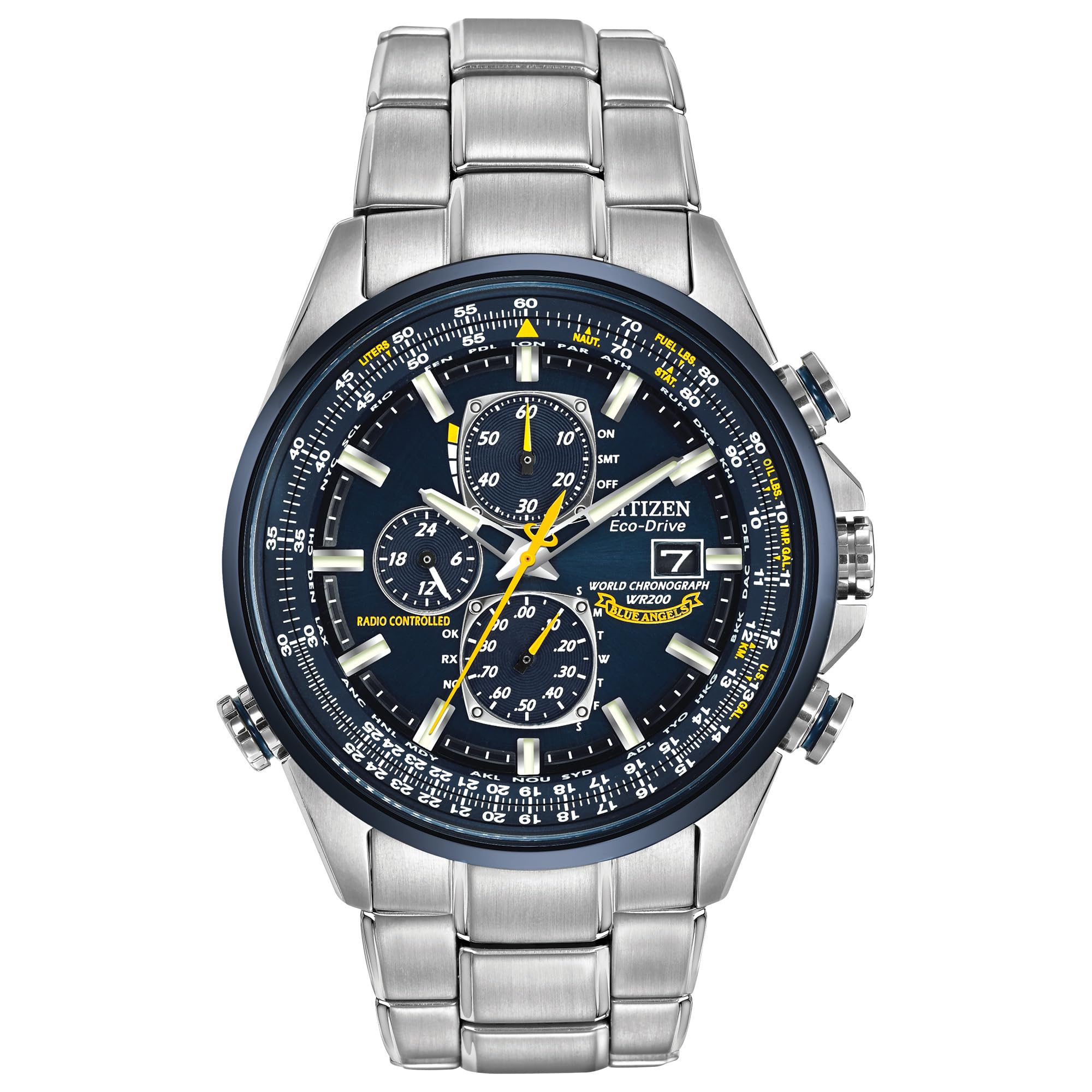 CITIZEN Reloj atómico Eco-Drive Sport Luxury World con cronógrafo para hombre en acero inoxidable, esfera azul (Modelo: AT8020-54L)