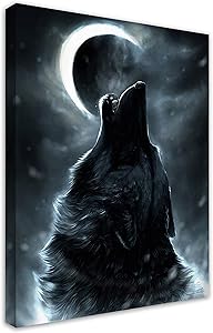 HANKCLES Wolf Howling at Moon Framed Contemporary Wall Art Canvas Giclee Matte Prints Painting 12x16inch Home Decor for Bedroom