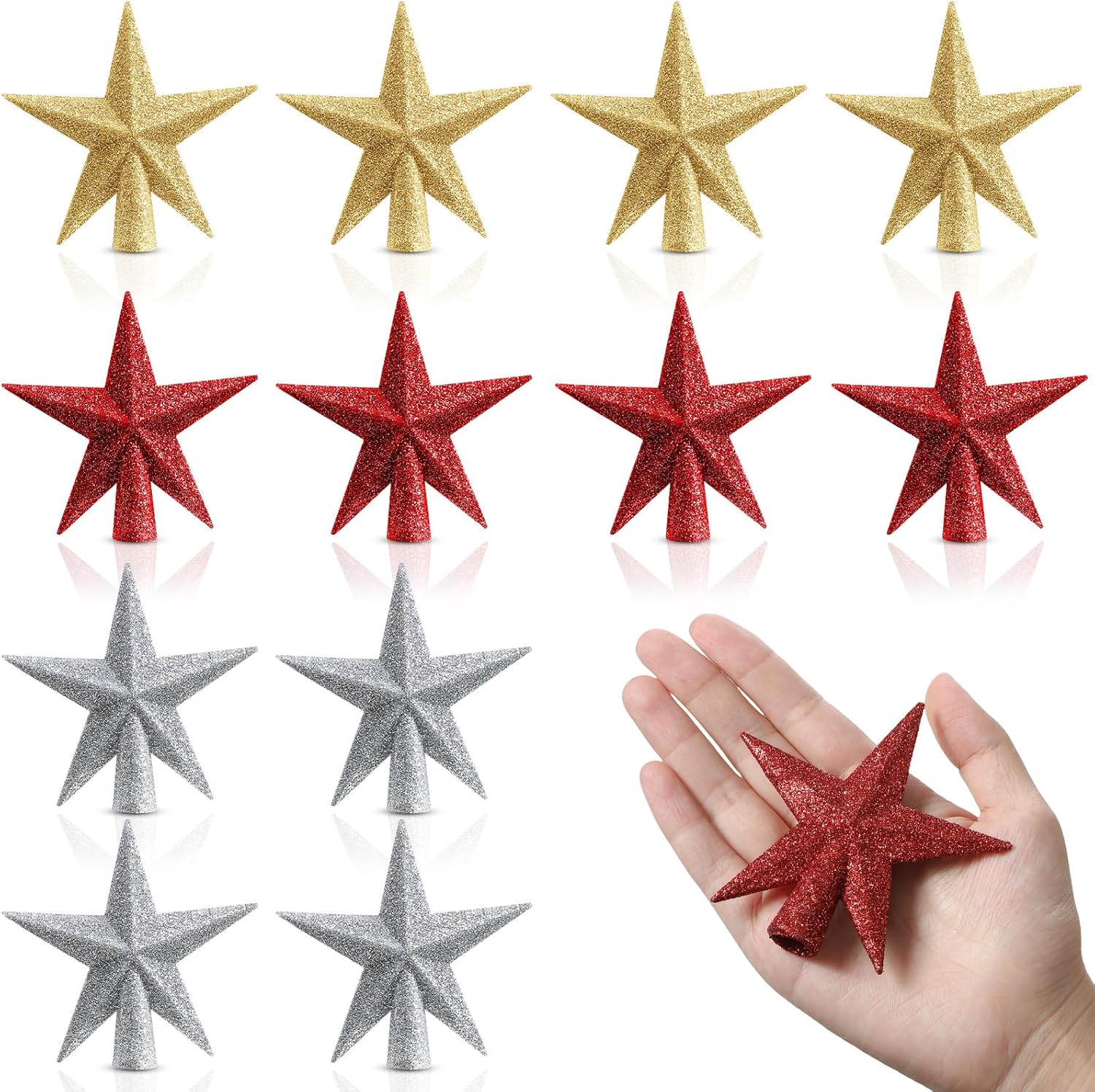 Tree Toppers - Hiboom 12 Pcs Mini Star Christmas Tree Topper Glitter Treetop Small Christmas Star 3.94 x 3.35 Inch Miniature Christmas Tree Star for Xmas Party Holiday Ornament Home Decoration (Silver Red Gold)