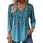 Zeagoo 3/4 Length Sleeve Womens Tops Casual V Neck Pleated Top Boho Floral Blouses Work Shirts