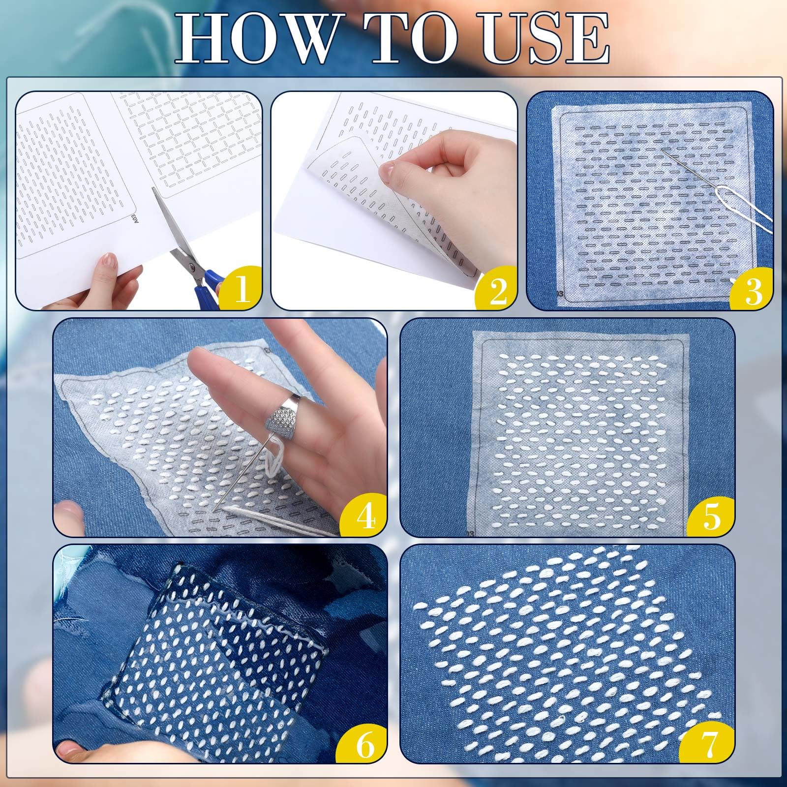 Hahafelt Sashiko Kit Sashiko Thread and Needles Thimble Denim Fabric Water Soluble Japanese Embroidery Kit for Beginners Hand Quilting and Mending, Sewing Supplies