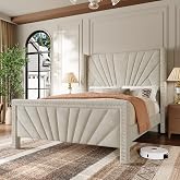 Queen Bed Frame 55" Velvet Upholstered Platform Bed, Art Deco, Cream White | Sunburst Wingback Headboard, No Box Spring Needed, 1,200 LBS Capacity, Noise-free with EVA Strips, Easy 40-Min Assembly