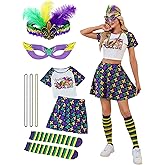 Leevuyu Women Mardi Gras 8pcs Costume Outfits Crop Top Skirt Sets with Socks Mask Headband Necklace Accessories