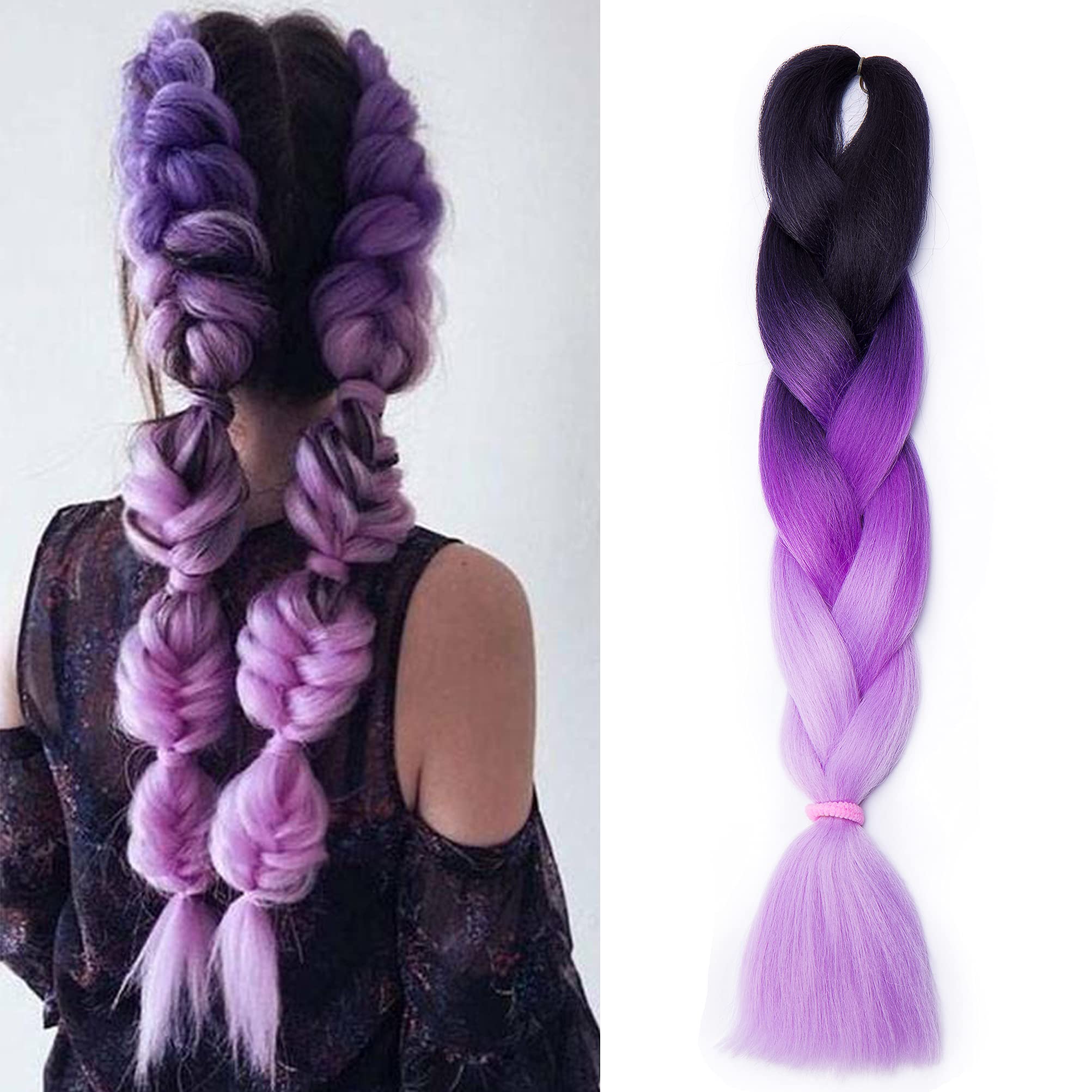 Rainbow Color Jumbo Braiding Hair Extensions 3 Tone Colorful Synthetic Braid Hair Extension 1pc 24 inches Black to Dark Purple to Light Purple