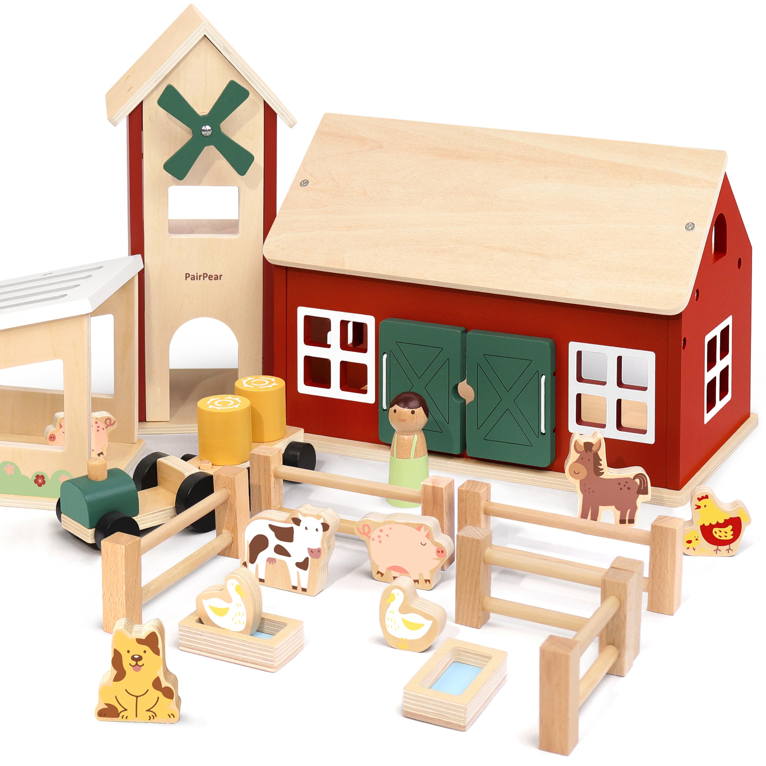 Photo 1 of PairPear Wooden Barn & Tractor Farm Playset, 31 Piece Pretend Farm Animal Toy Set with Barn, Tractor & Trailer, Montessori Learning Gift for Toddlers Ages 3+