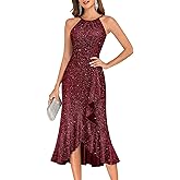 BeryLove Sequin Formal Cocktail Wedding Long Dresses Evening Ruffle Halter Prom Dress