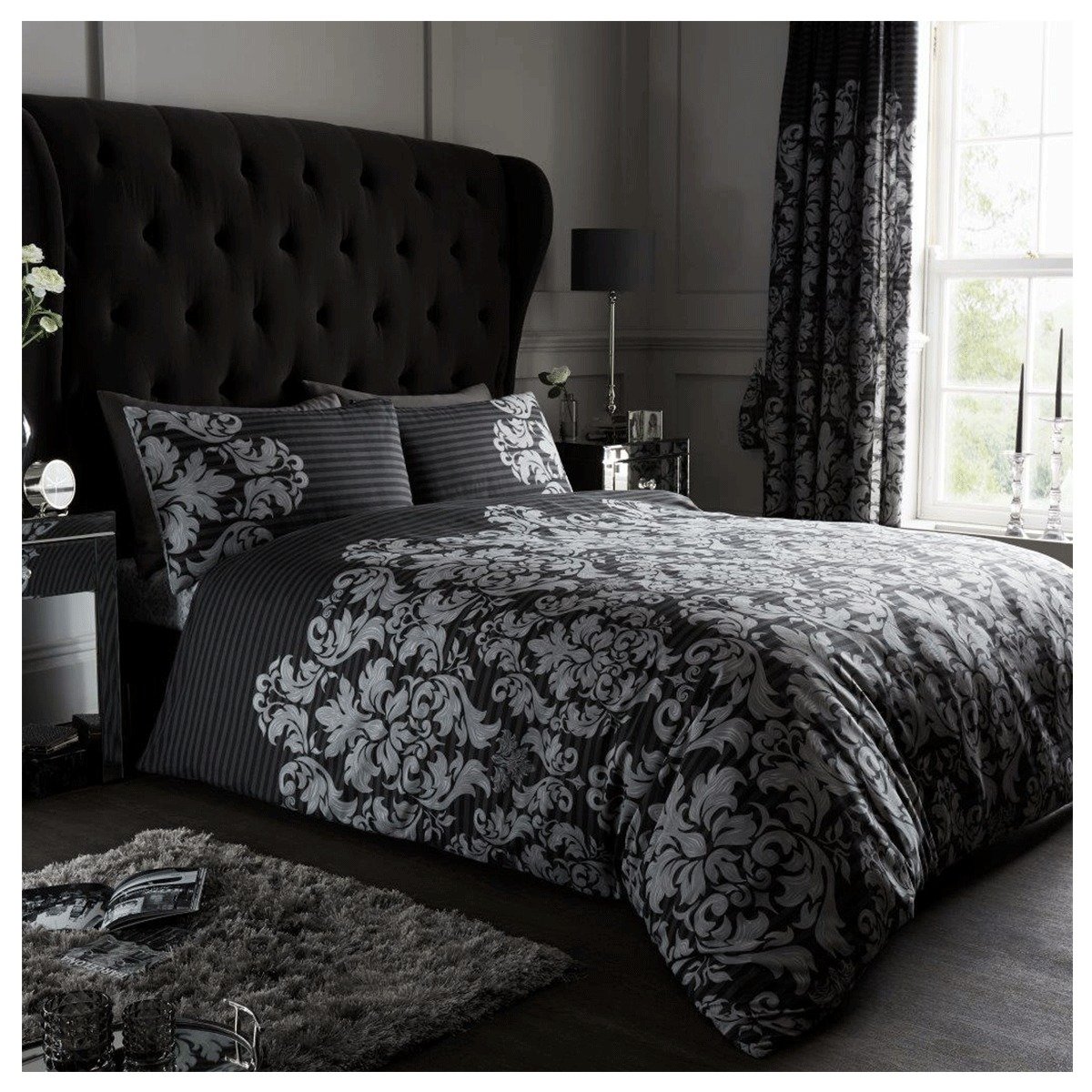 GC GAVENO CAVAILIA Damask Bed Set with Duvet Cover and Pill, Polyester-Cotton, Empire-Black, Single