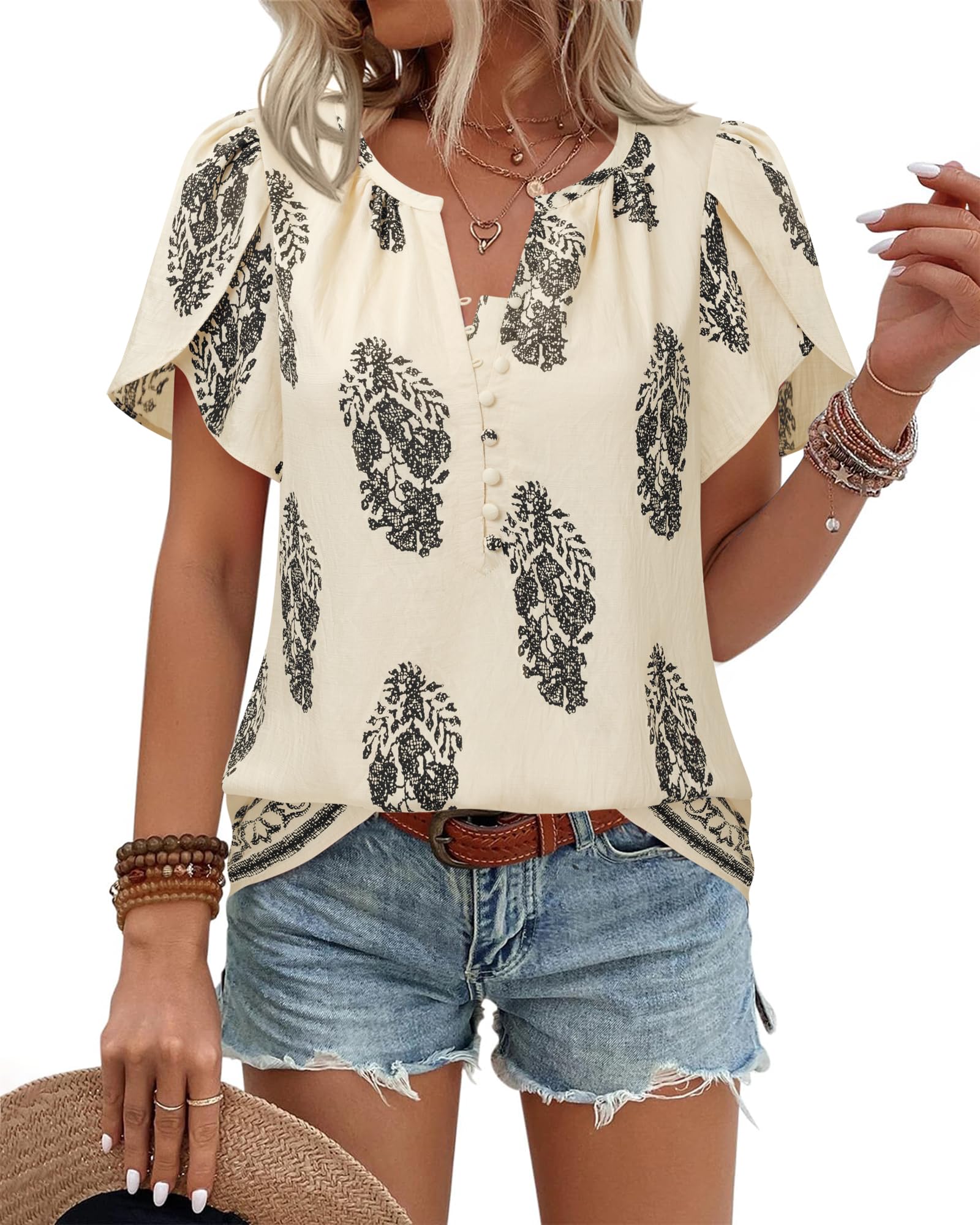 Photo 1 of Timeson Tops for Summer: Boho Short Sleeve — Linen Shirts for Women — Women Blouses Trendy Business Casual Outfits Ladies Office Work Flowy Tunic Peasant Fancy V Neck Holiday Travel Vacation Clothes