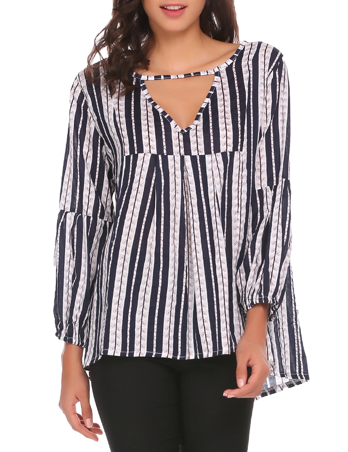 SE MIU Women\'s Long Sleeve High Low V Neck Striped Shirt Blouse Tops