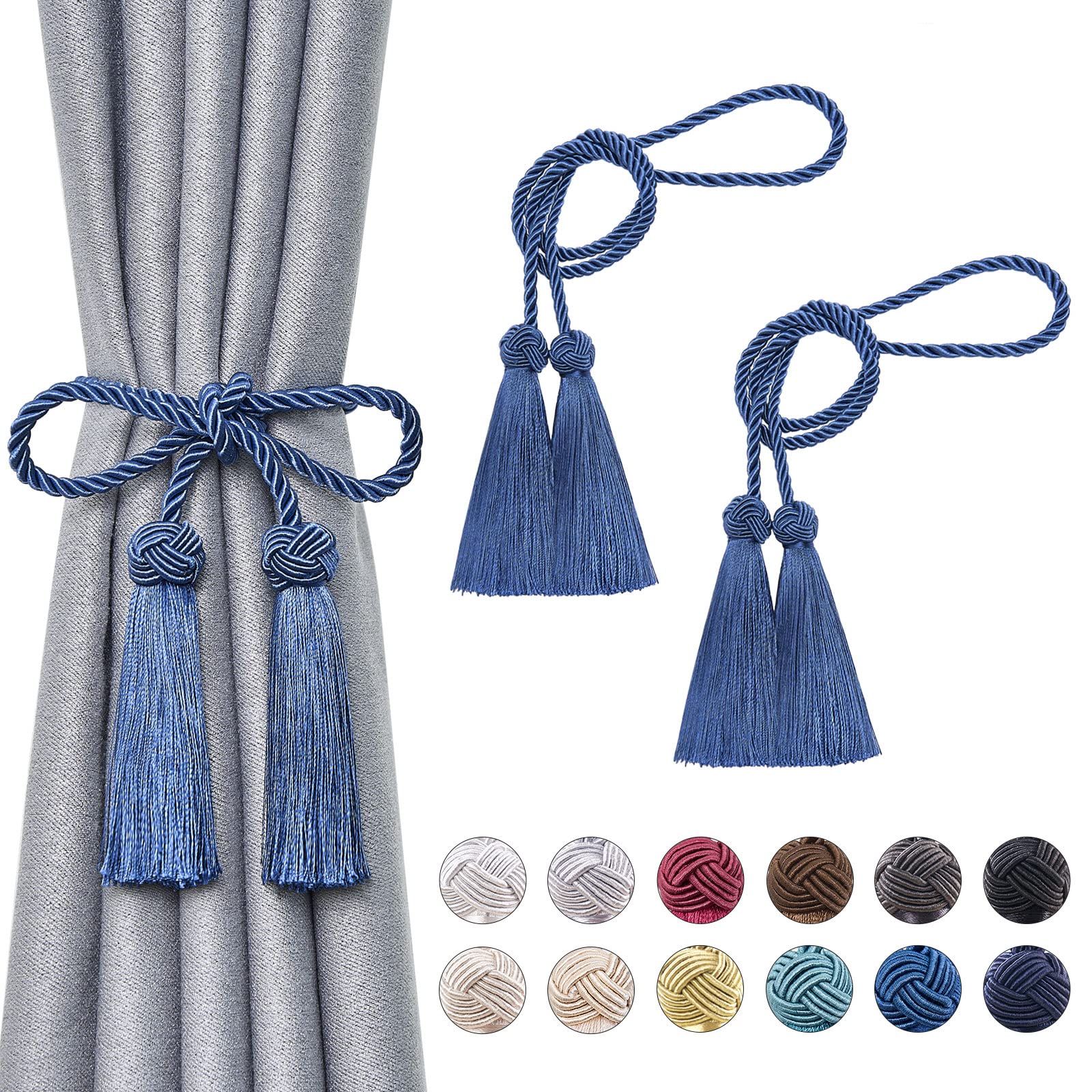 Pretty Jolly 2 Pack Double-ended Tassel Curtain Tiebacks Handmade Braided Rope Knot Drape Tie Backs European Style Decorative Curtain Holdbacks for Home & Office Window Drapery (Navy Blue)