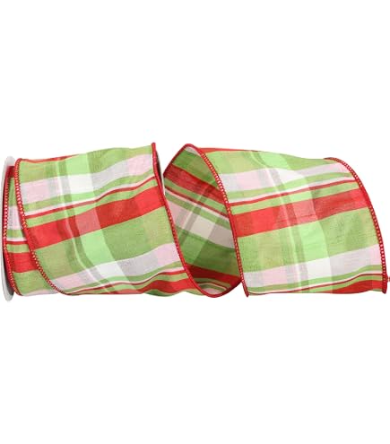 4 Inch Wired Plaid Christmas Ribbon Frosted Greensboro Plaid Dupioni We ...