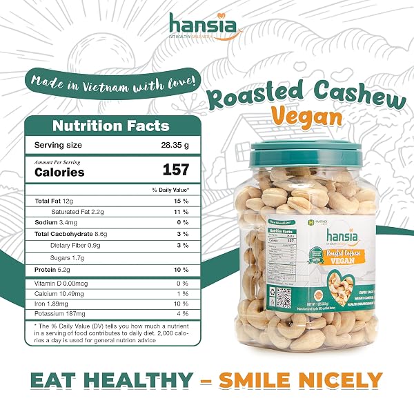 HANSIA ROASTED CASHEW VEGAN, DRY ROASTED UNSALTED SUPERFOOD, FRESH, HEALTHY, LOW SODIUM SNACKS, RICH OF PROTEIN & NATURAL FIBER, PROTEIN, VITAMIN AND IRON (ROASTED CASHEW , 1 POUND (PACK OF 1))