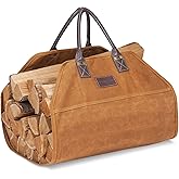 GOOD GAIN Firewood Carrier Waxed Canvas with Faux Leather Handle, Wood Carrier for Firewood, 36x18.5in Heavy Duty Firewood Storage Tote, Fireplace Log Carrier Indoor Bag, Wood Stove Accessories. Khaki