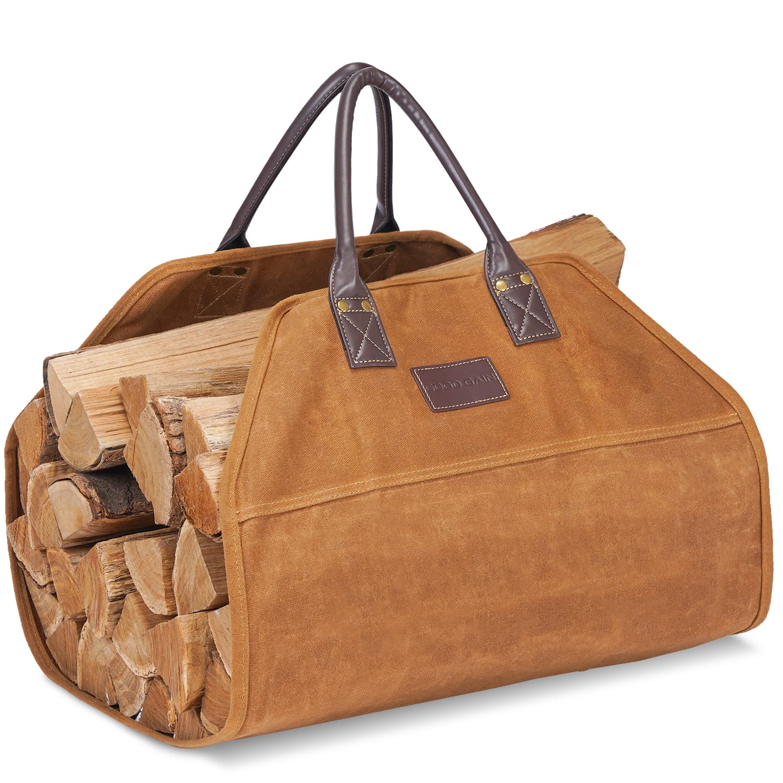 G GOOD GAIN Firewood Carrier Waxed Canvas with Handles, Wood Carrier for Firewood, 36x18.5 Inch Heavy Duty Firewood Storage Tote, Fireplace Log Carrier Indoor Bag, Wood Stove Accessories. Khaki