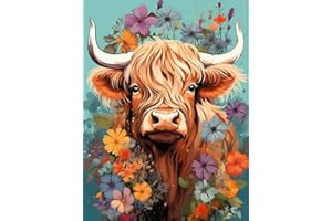 Meothan 5D Highland Cow Diamond Painting Kits for Adults Flower Cow Diamond Art Kits for Adults Beginners, DIY Animal Round Full Drill Gem Art Kits for Home Decor Gift (16x12 in)
