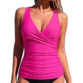 Mycoco Women's Underwire Tankini Top Twist V Neck Push Up Tummy Control | Bathing Suit Top for Large Bust, Removable Cups, Criss-Cross Back, Adjustable Straps Swimsuit