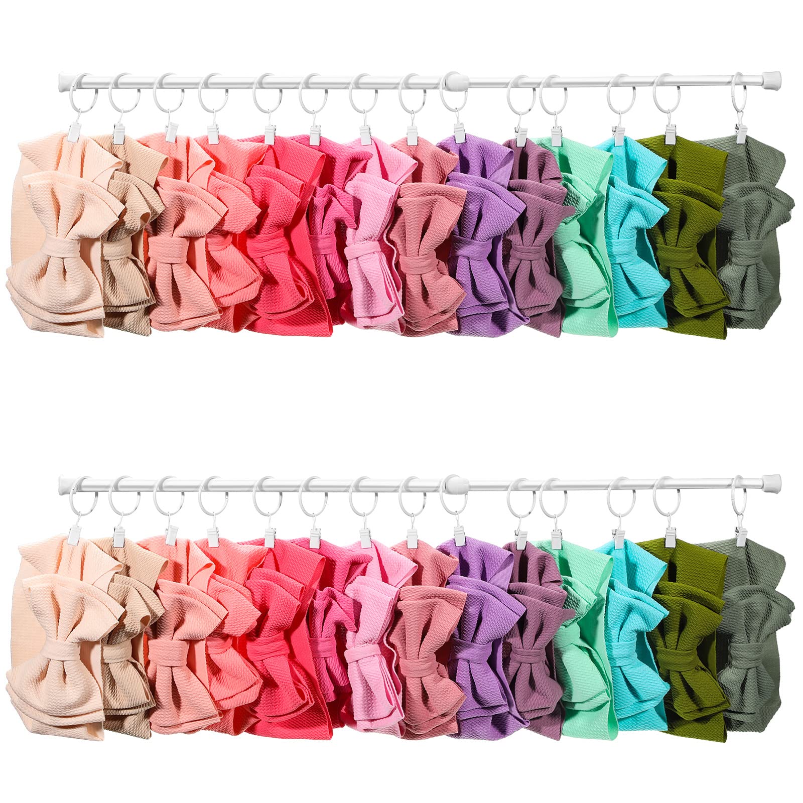 Photo 1 of Ferraycle Wall Hanging Bow Holder with Hooks Hair Bow Holder Organizer for Girls Hanger Headband Storage Organizer Include Metal 16 to 23.6 Inch Rods Wall Hooks(White,46 Pcs)