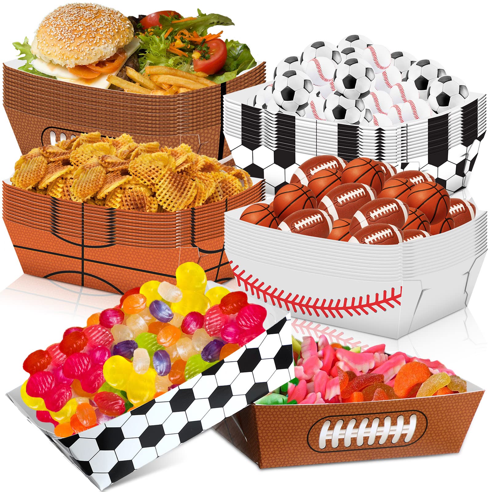 Photo 1 of Hoolerry 48 Pack Sports Themed Party Paper Food Trays Birthday Decorations Disposable Paper Food Boats Nacho Snack Candy Hot Dog Trays for Basketball Soccer Football Baseball(3.9 x 5.5 x 2.2 Inch)