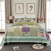 ABREEZE Lavender Green Comforter King Luxury Quilt Set Frosted Pastel Gardenia Bohemian Cotton Patchwork Quilted Coverlet Bedspread Set Green Purple Quilt King Patchwork Quilt