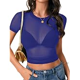 LYANER Women's Sheer Mesh Sexy Tops | See Through Round Neck Short Sleeve Slim Fitted Going Out Crop Top Shirts