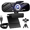 Full HD Webcam with Built-in Microphone and Rotatable Tripod, 4K Video and Wide Angle Camera, Privacy Cover, for Desktop PC or Laptop Computer