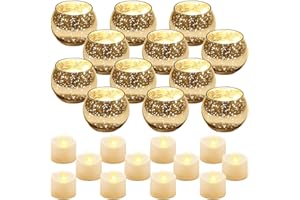 Rtteri 12 Set Votive Candle Holders Wedding Centerpiece Table Decorations Speckled Mercury Glass Votive Candle Holders with Tea Lights Birthday Party Decorations for Home (Gold)