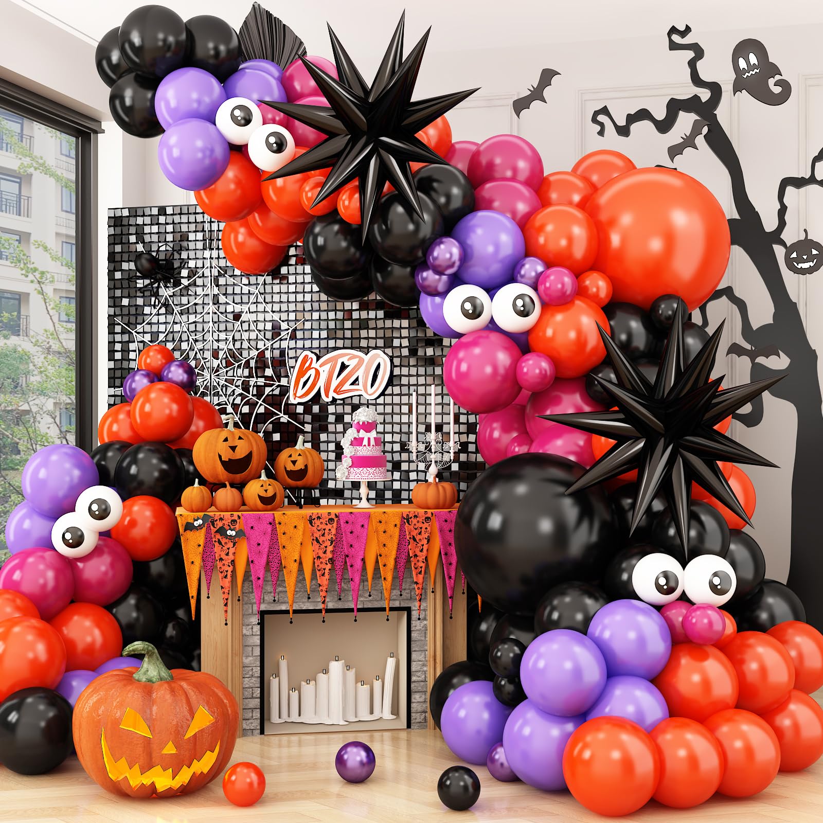 Halloween Balloon Arch,Balloon Garland with Purple Black Orange Hot Pink Latex Balloons Star Foil Balloons for Halloween Birthday Party Decoration