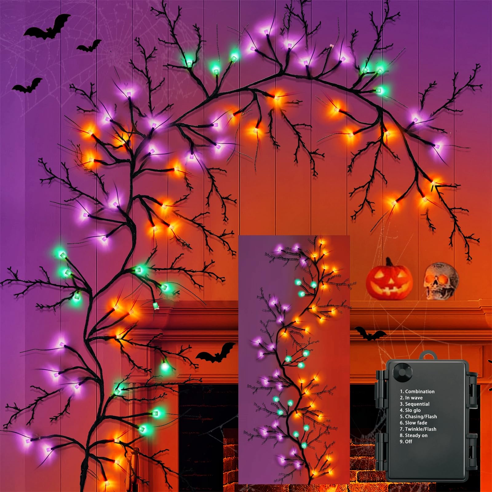 Photo 1 of [8 Modes & Timer] 9 Ft 72 LED Halloween Garland with Lights, Orange Purple & Green Willow Vine Twig Garland Battery Operated Indoor Outdoor Fireplace Table Wall Home Party Halloween Decorations